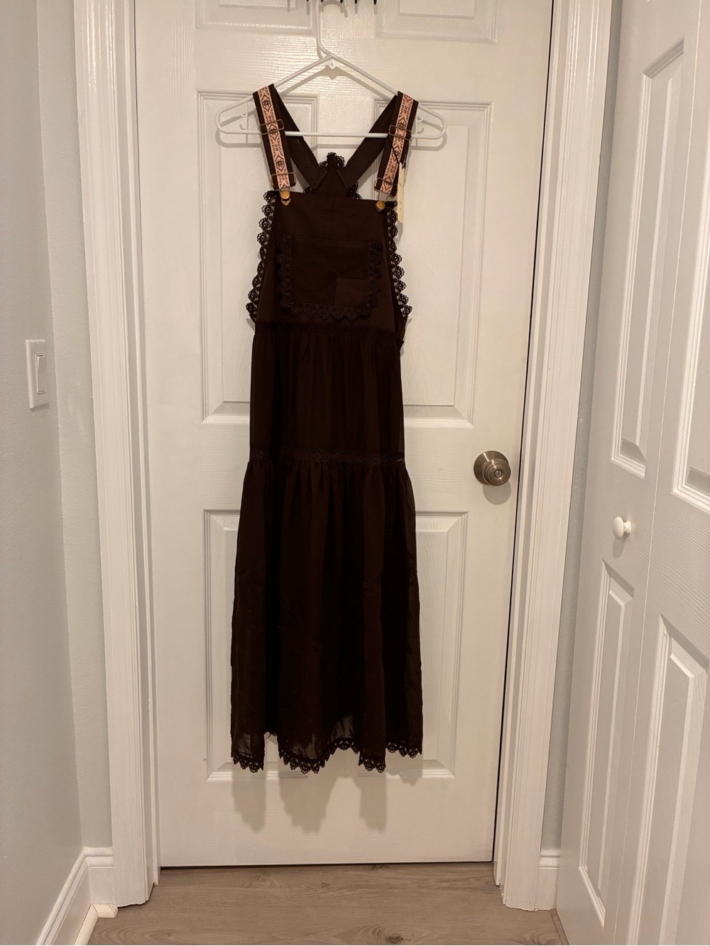 Brown Lace-Trim Pinafore Midi Dress with Embroidered Straps